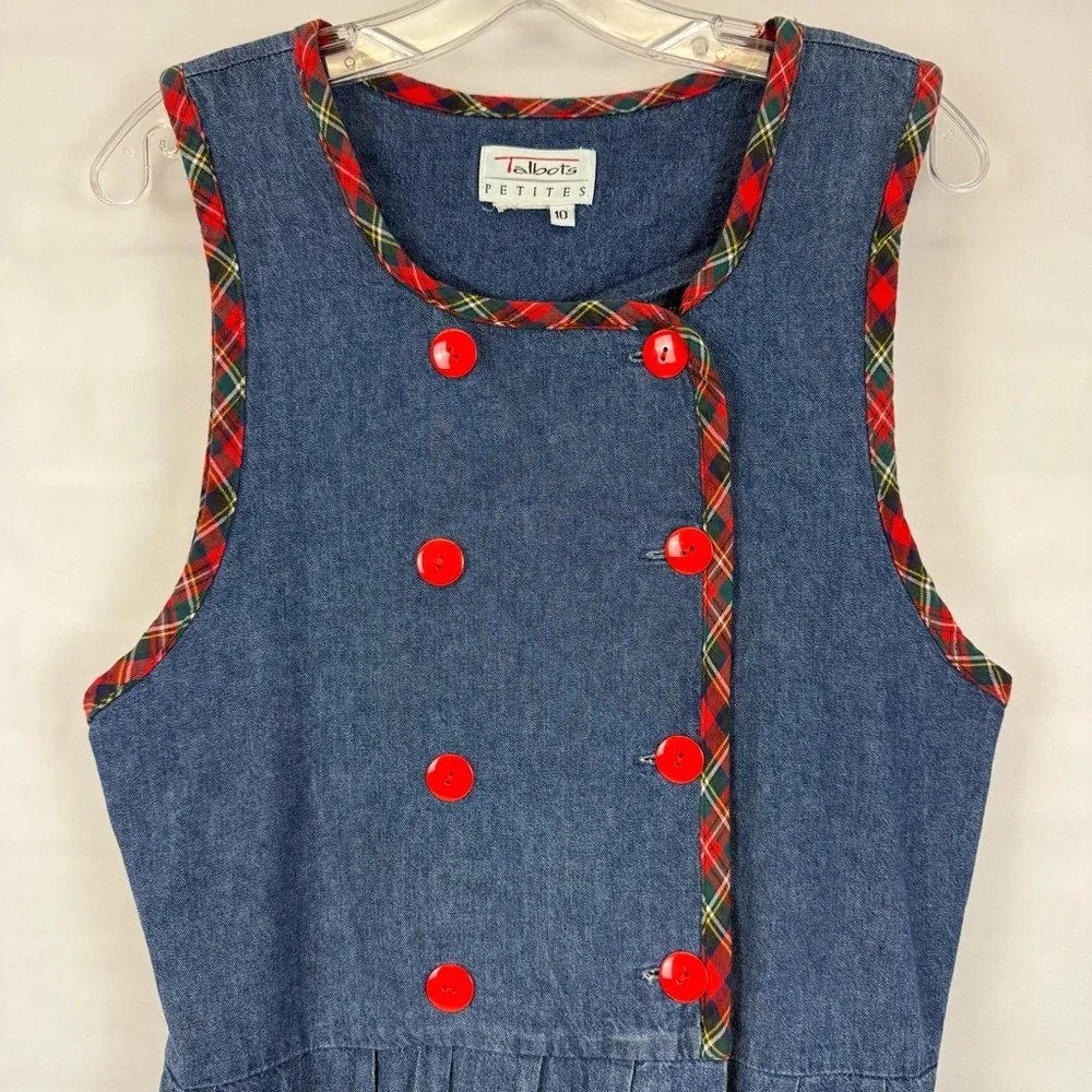 Vintage Talbots Petites Denim Jumper Dress 10P‎ Sleeveless Plaid Trim Buttons